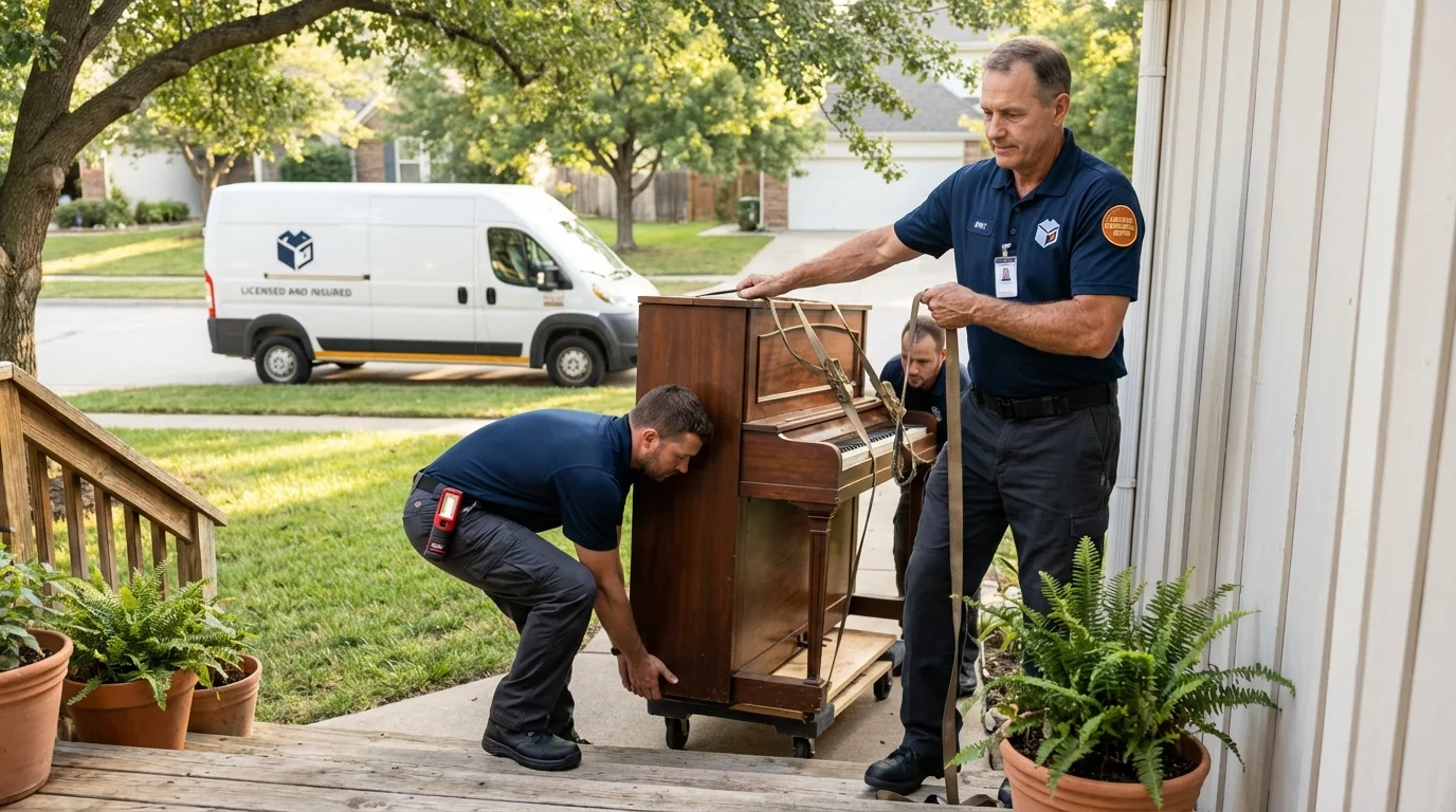 Licensed piano movers securing grand piano in Forrest, IL