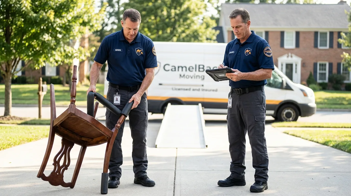 Movers inspecting furniture for damage prevention before loading in Forrest, IL