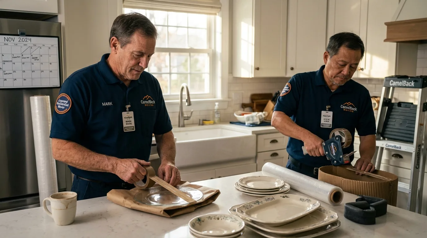 Professional crew packing kitchen dishware in Forrest, IL